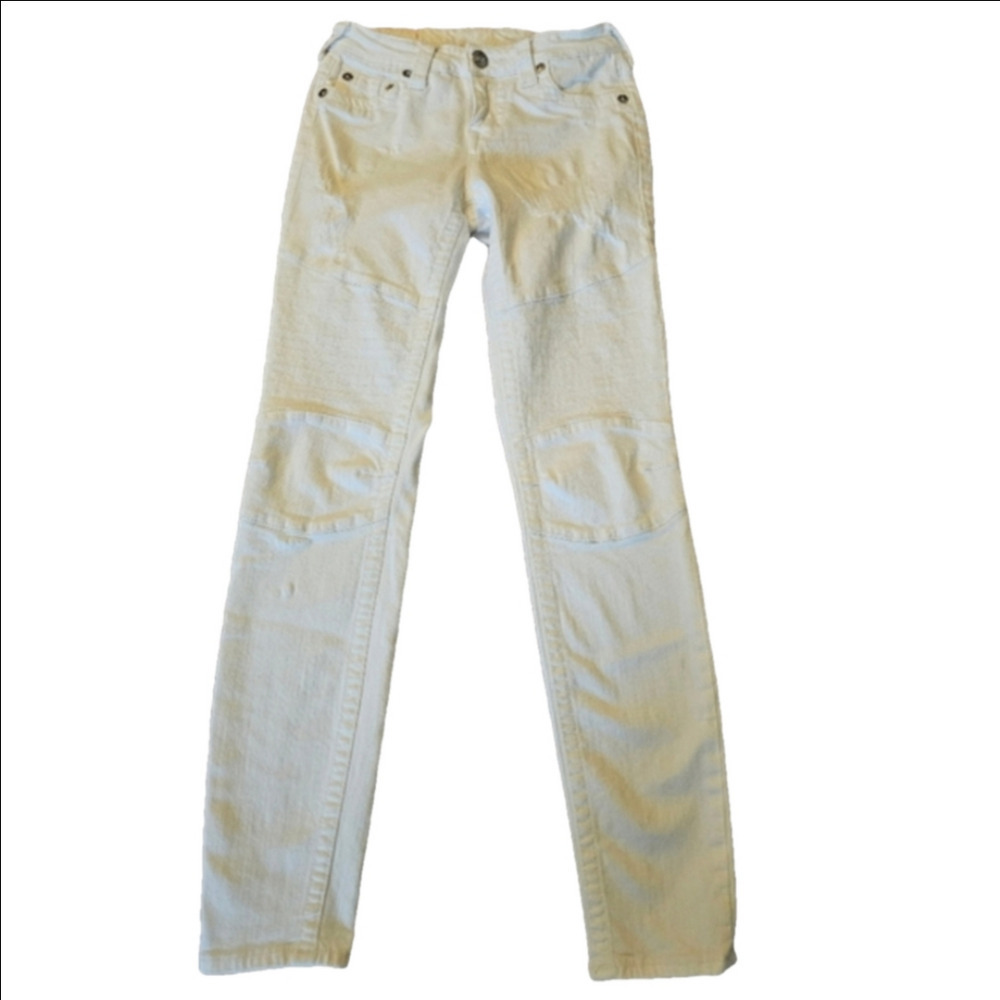 True Religion Halle Biker Optic White Distressed Moto Skinny Jeans Size 25